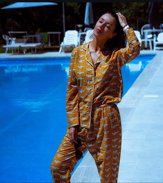 Mustard Mynae Bird Long Set by Global Inspired Threads